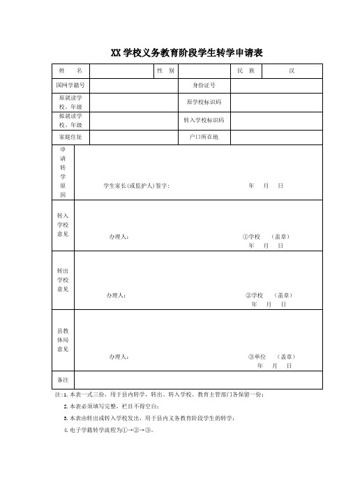 义务教育阶段学生转学申请表(县内)