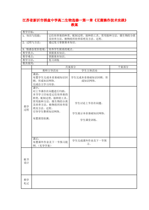 江苏省新沂市棋盘中学高中生物 第一章《无菌操作技术实践》教案 新人教版选修1