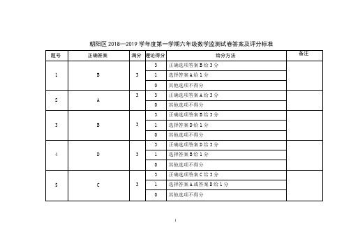 北京市朝阳区2019年六年级数学学科监测试卷答案及评分标准