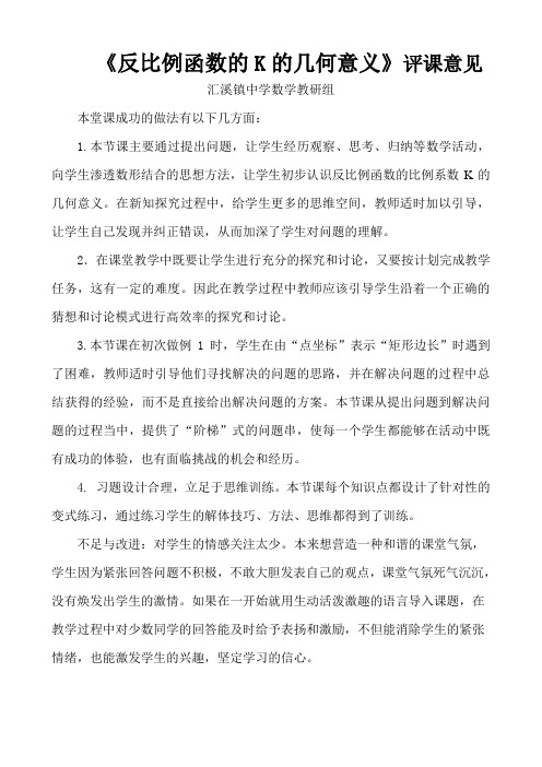 《反比例函数的K的几何意义》评课意见