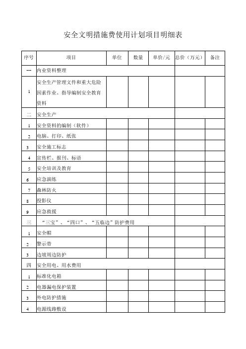 安全文明措施费使用计划项目明细表