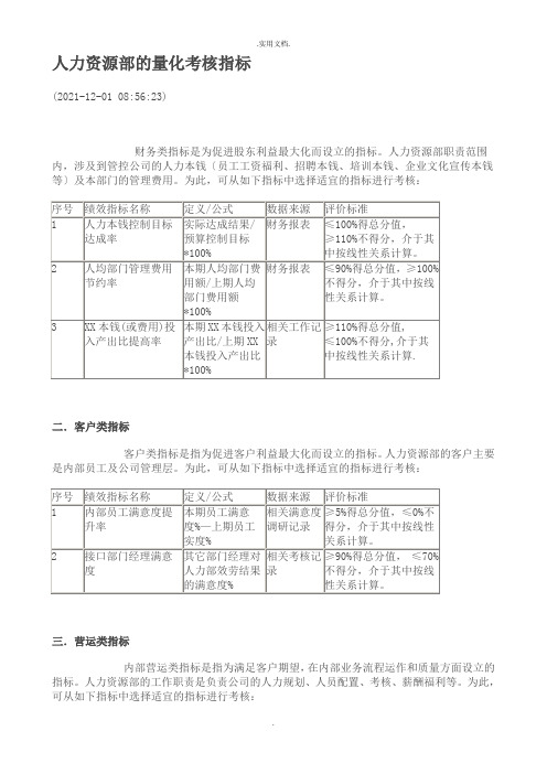 人力资源部的量化考核指标