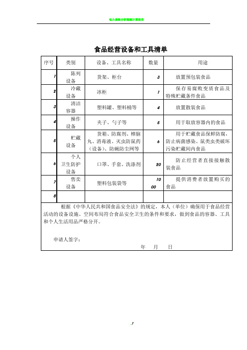 副食品店经营设施空间布局和操作流程、经营设备和工具清单