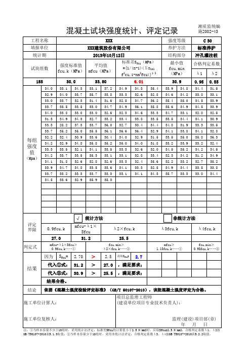 混凝土试块强度统计、评定记录