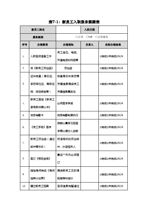 新员工入职服务跟踪表