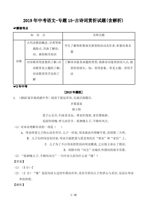 2019年中考语文-专题15-古诗词赏析试题(含解析)