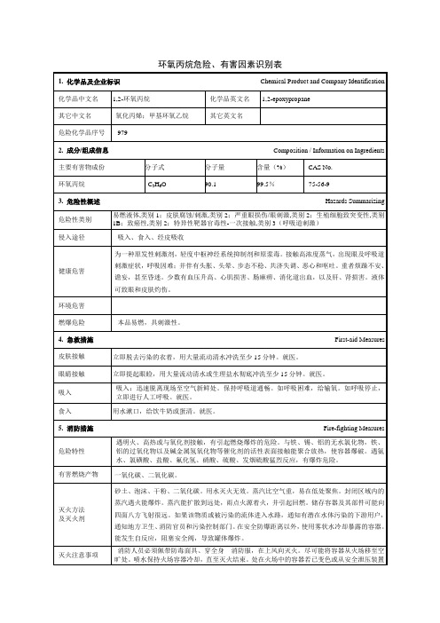 环氧丙烷危险、有害因素识别表(安全技术说明书)