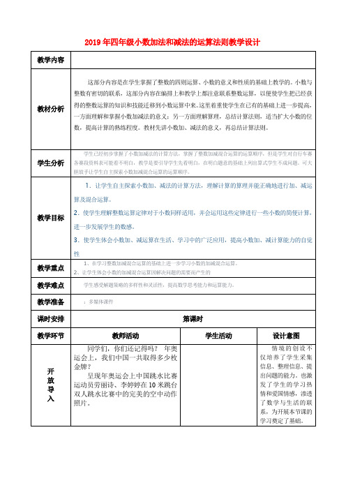 (小学教育)2019年四年级小数加法和减法的运算法则教学设计