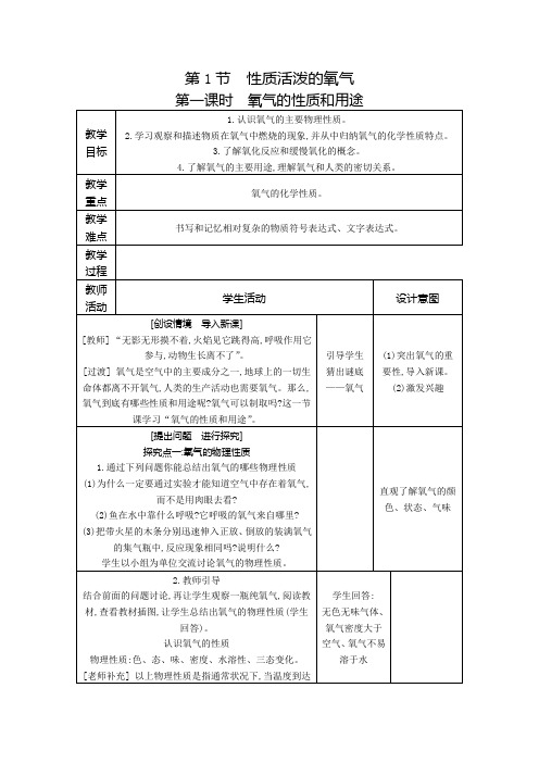 2.1性质活泼的氧气第一课时 氧气的性质和用途教案-九年级化学上册