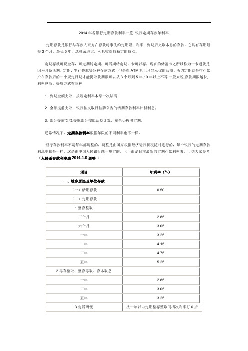 2014年各银行定期存款利率一览