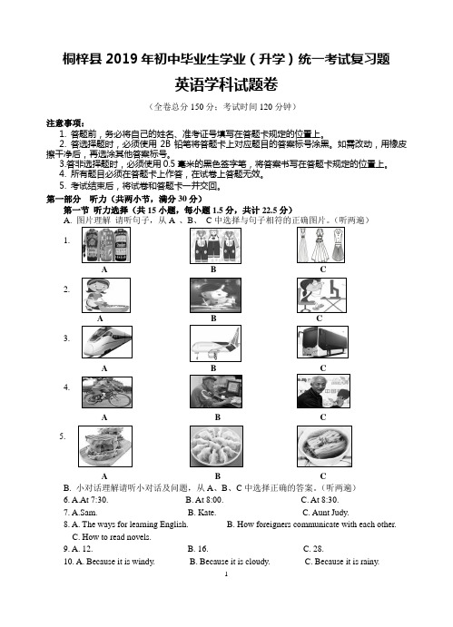 贵州省遵义市桐梓县2019年中考模拟试题英语(含答案)