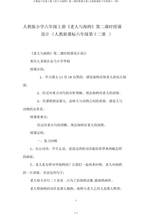 人教版六年级上册《老人与海鸥》第二课时教学设计(人教新课标六年级第十二册)