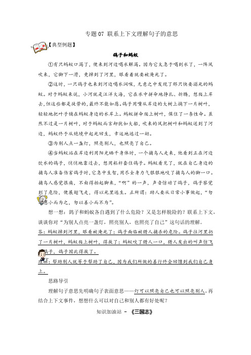 【阅读专项】专题07联系上下文理解句子的意思(试题)三年级语文部编版_教师版