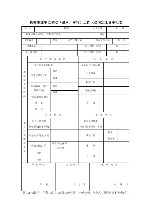 机关事业单位调动(录用、军转)工作人员确定工资审批表