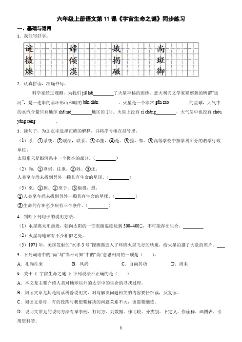 六年级上册语文第11课《宇宙生命之谜》同步练习(含答案)