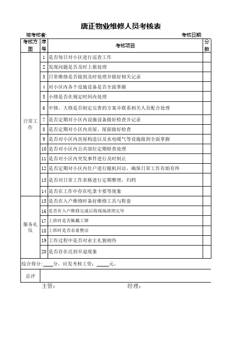 维修部考核表