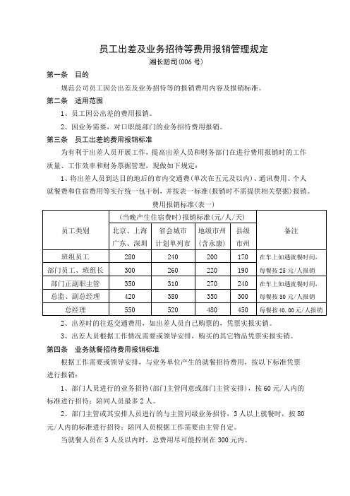 员工出差及业务招待等费用报销管理规定