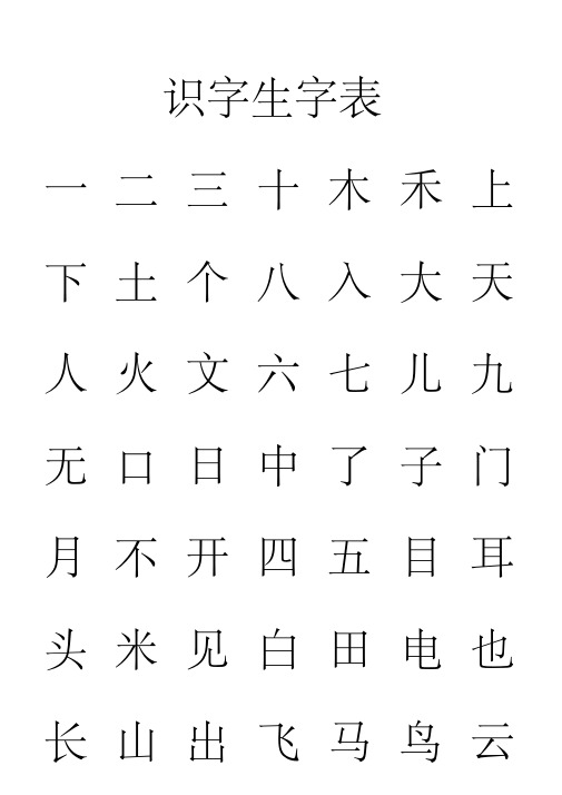 幼儿园识字生字列表