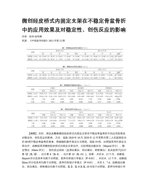 微创经皮桥式内固定支架在不稳定骨盆骨折中的应用效果及对稳定性、创伤反应的影响