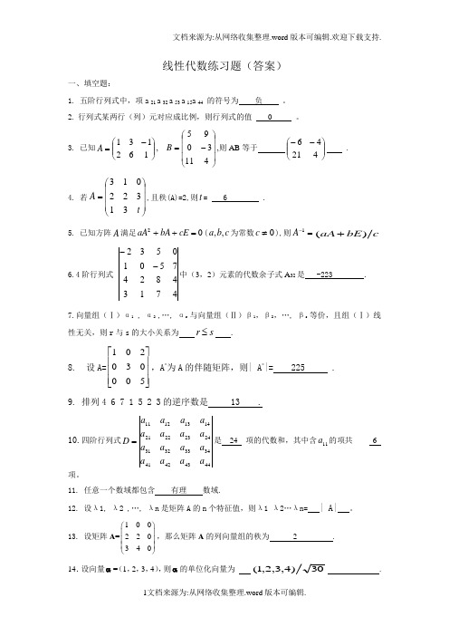 线性代数习题2015及参考答案