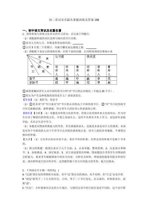 初二常识及名篇名著题训练及答案100