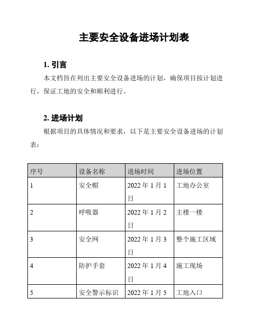 主要安全设备进场计划表