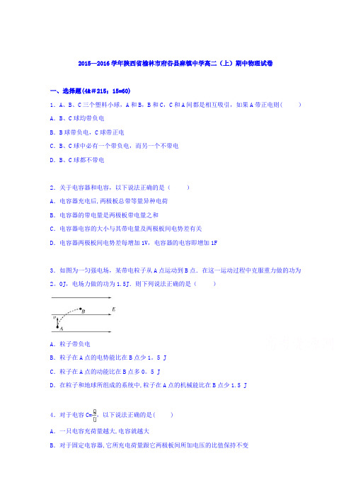 陕西省榆林市府谷县麻镇中学2015-2016学年高二上学期期中物理试卷 含解析