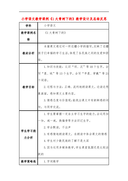 小学语文教学课例《1大青树下的》教学设计及总结反思