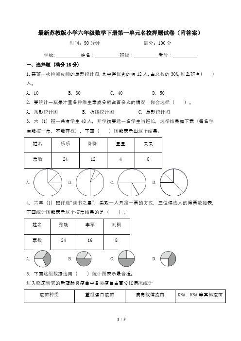 最新苏教版小学六年级数学下册第一单元名校押题试卷(附答案)