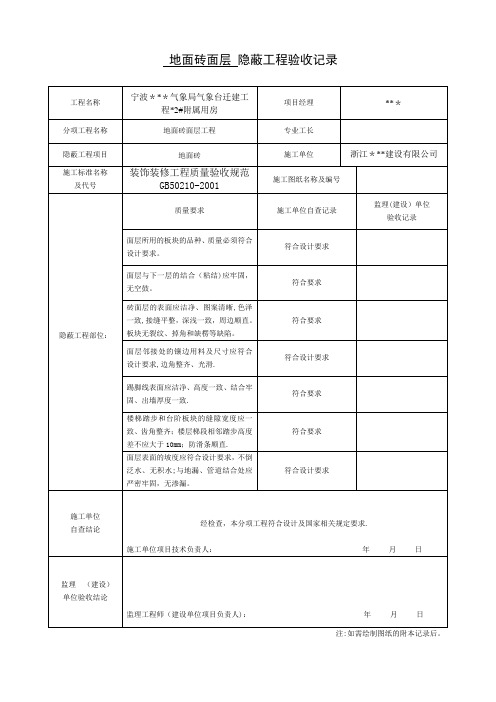 装饰装修隐蔽工程验收记录表(全套规范范例)