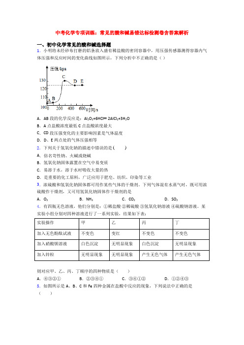 中考化学专项训练：常见的酸和碱易错达标检测卷含答案解析