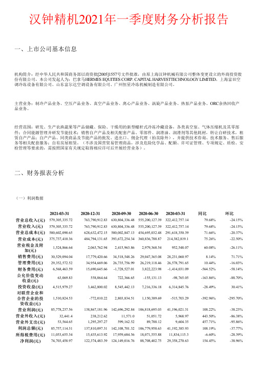 汉钟精机2021年一季度财务分析报告