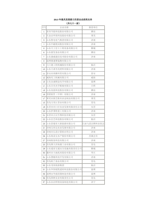 2010年最具发展潜力民营企业获奖名单