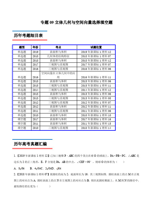 专题09 立体几何与空间向量选择填空题-高考数学(理)十年真题(2010-2019)深度思考(新课标Ⅰ卷)