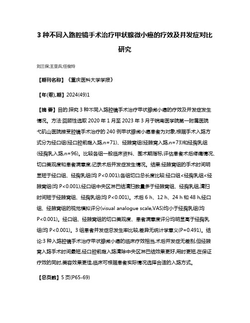 3种不同入路腔镜手术治疗甲状腺微小癌的疗效及并发症对比研究