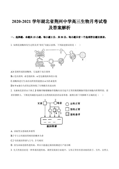 2020-2021学年湖北省荆州中学高三生物月考试卷及答案解析