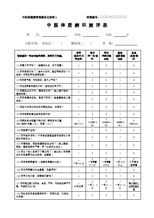 糖尿病患者中医药健康管理服务记录表