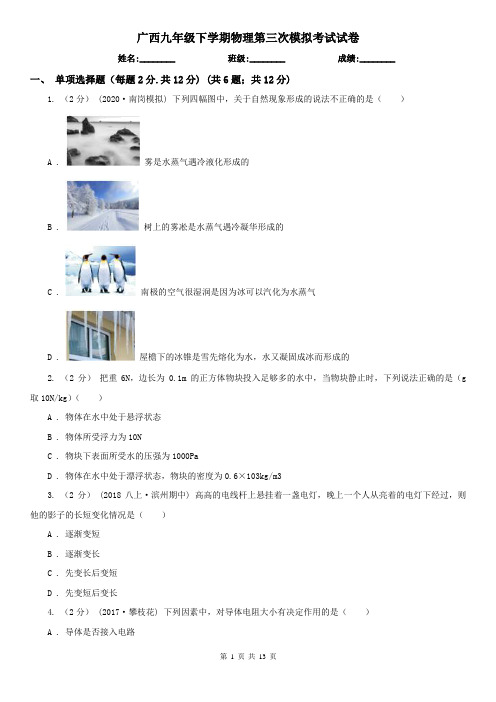 广西九年级下学期物理第三次模拟考试试卷