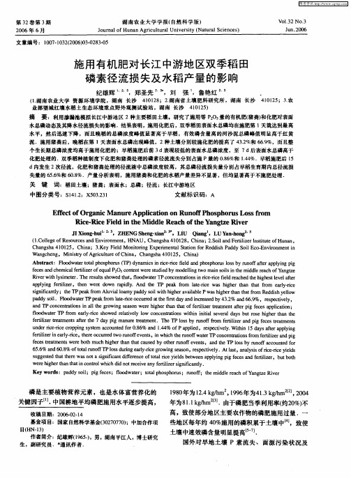 施用有机肥对长江中游地区双季稻田磷素径流损失及水稻产量的影响