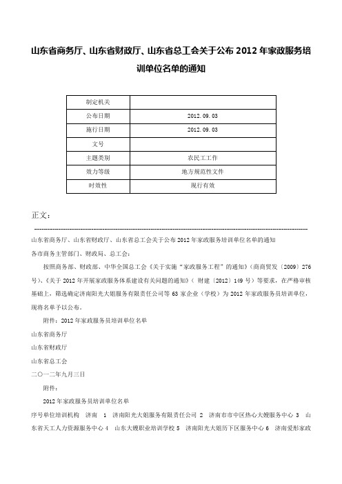 山东省商务厅、山东省财政厅、山东省总工会关于公布2012年家政服务培训单位名单的通知-