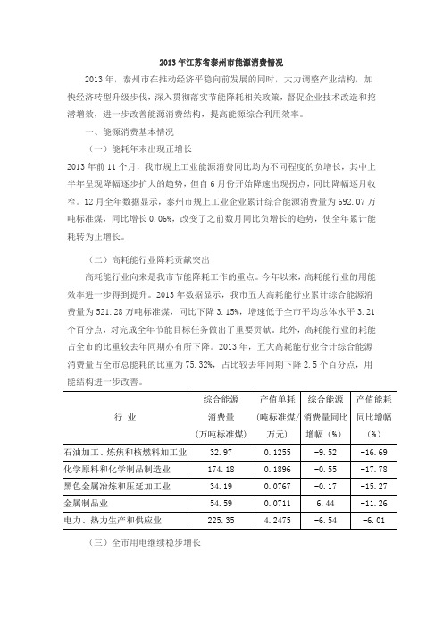 2013年江苏省泰州市能源消费情况