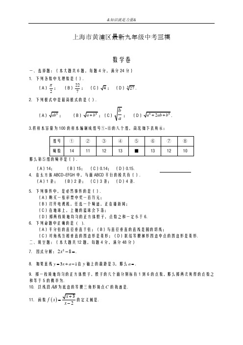 2020-2021学年上海市中考数学第三次模拟试题及答案解析