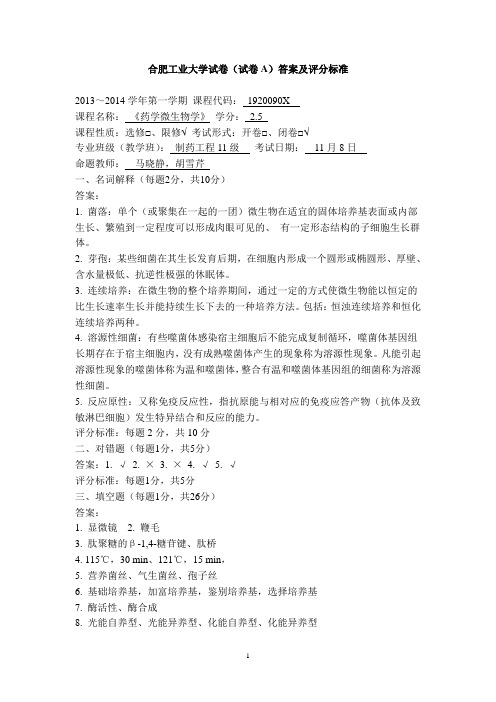 合肥工业大学要学微生物学2013年AB卷标准答案与评分细则