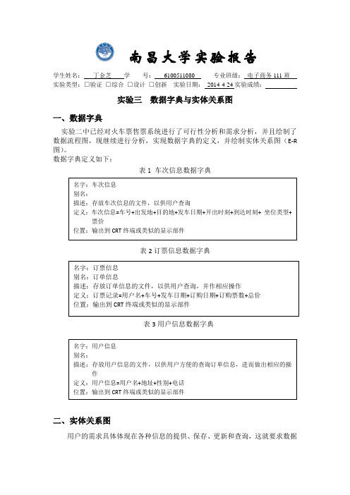 南昌大学实验报告火车订票系统数据字典与实体关系图