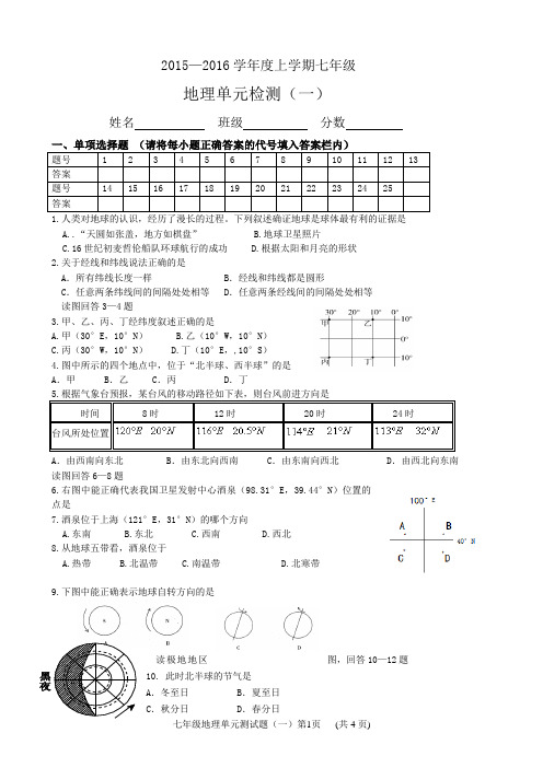 2015—2016学年度上学期七年级