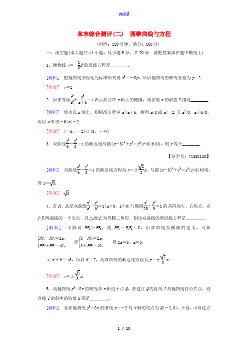 高中数学 章末综合测评2 圆锥曲线与方程 苏教版必修4-苏教版高一必修4数学试题