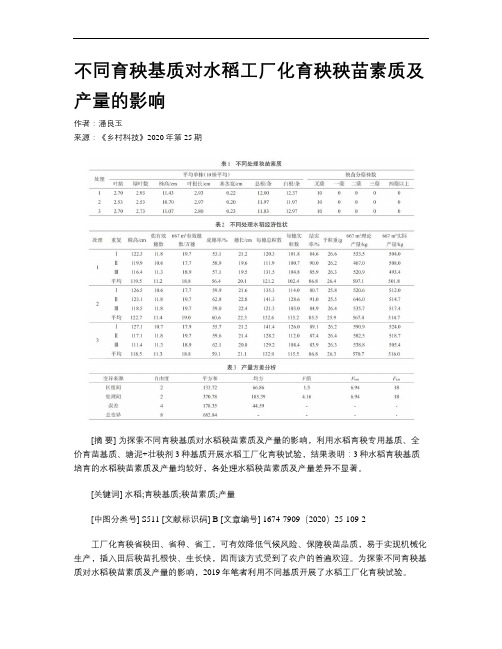 不同育秧基质对水稻工厂化育秧秧苗素质及产量的影响