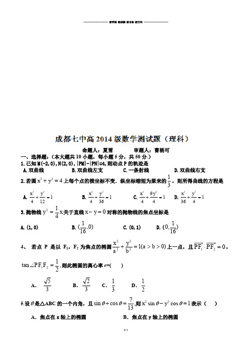 高中数学人教A版选修2-1高二数学(理)《第二章圆锥曲线与方程》测试题2.docx