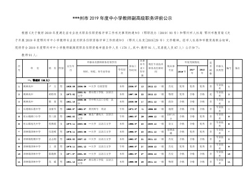 鄂州市2019年度中小学教师副高级职务评前公示【模板】