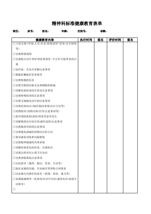 精神科标准健康教育表单